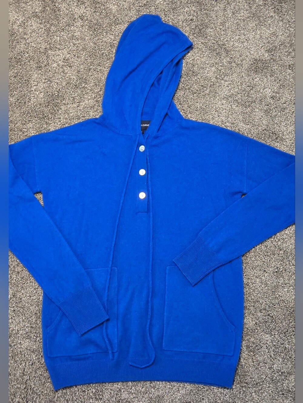 French Curve Pure Cashmere Hooded Royal Blue Henley Pullover Sweater S